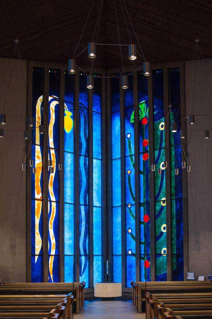 John Piper windows. Fibreglass construction. River of Life/Tree of Life.