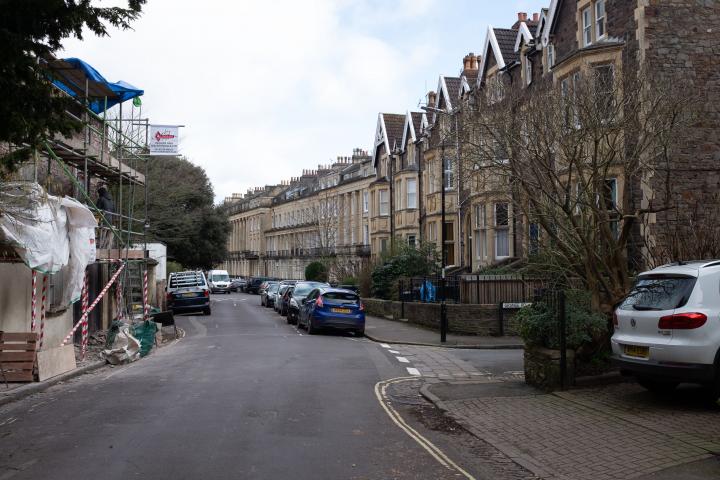 ...looking toward Vyvyan Terrace. On the left, a man was doing what looked like some re-pointing work.
