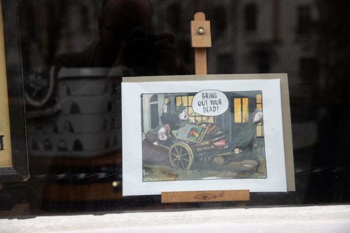 Some gallows humour in the window of Quinton House, currently up for auction.