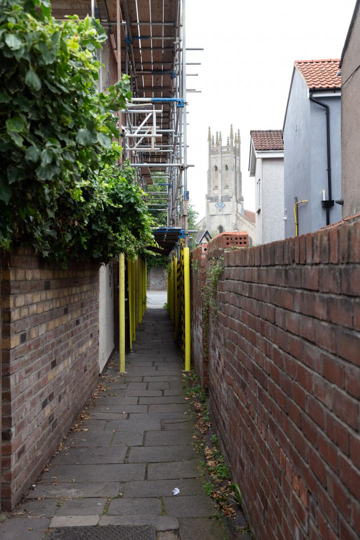 For an alleyway, Perry Walk has quite a nice view. That's the tower of St Paul's Southville.