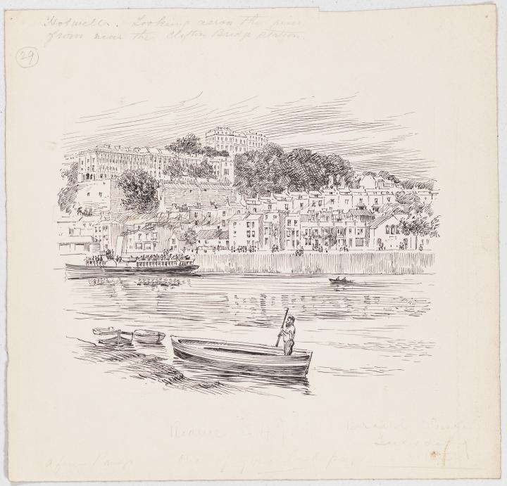 Here's a photo of the entire original Samuel Loxton ink drawing, including the title, Hotwells, Looking across the river from near the Clifton Brid...