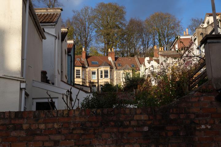 A glimpse of Cornwallis Avenue across the back gardens between St Vincent's Road and Dowry Road.