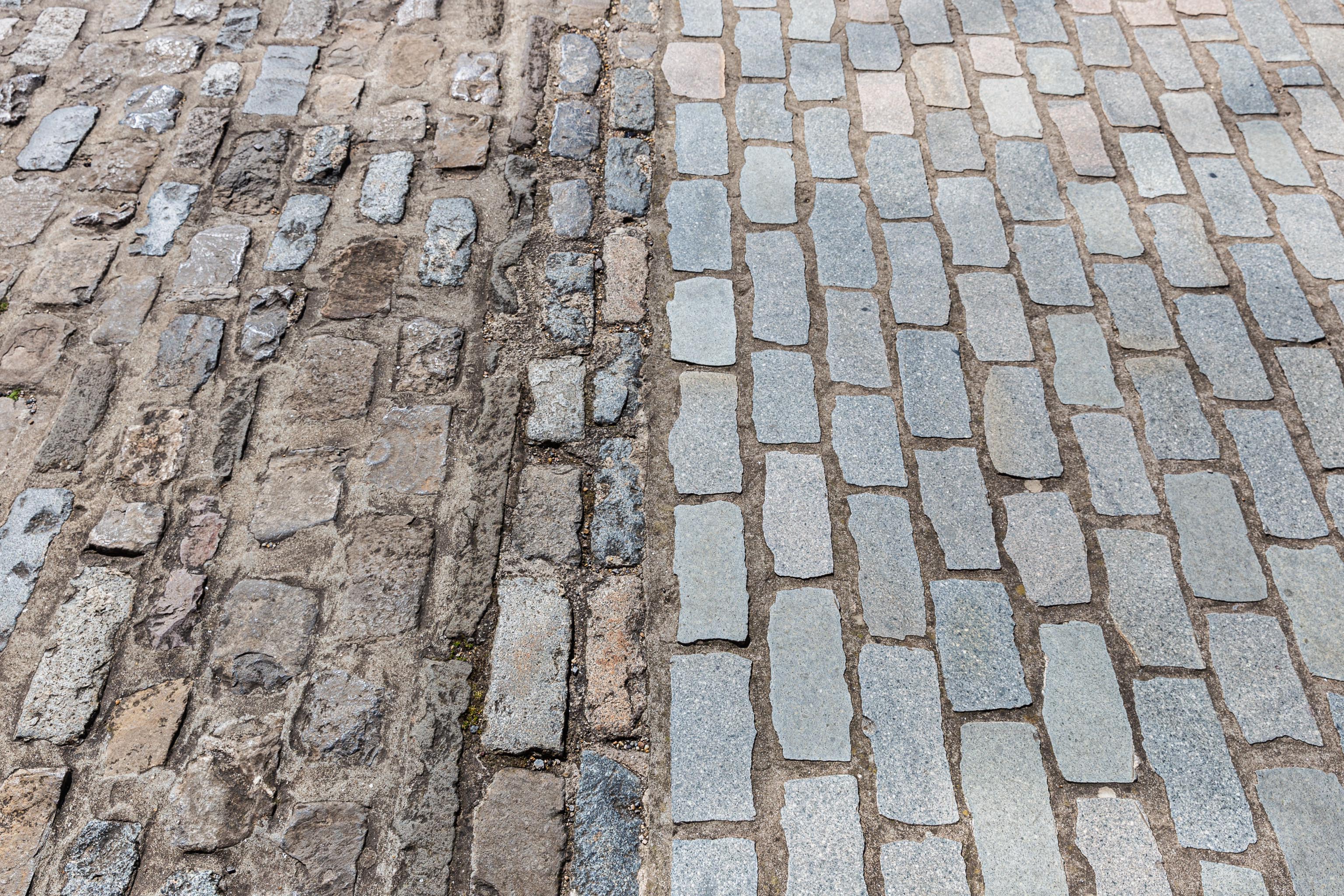 Side By Side
Just around the corner, you can see the old and newly-halved-and-relaid cobbles next to each other. (Technically I think these are actually setts,...